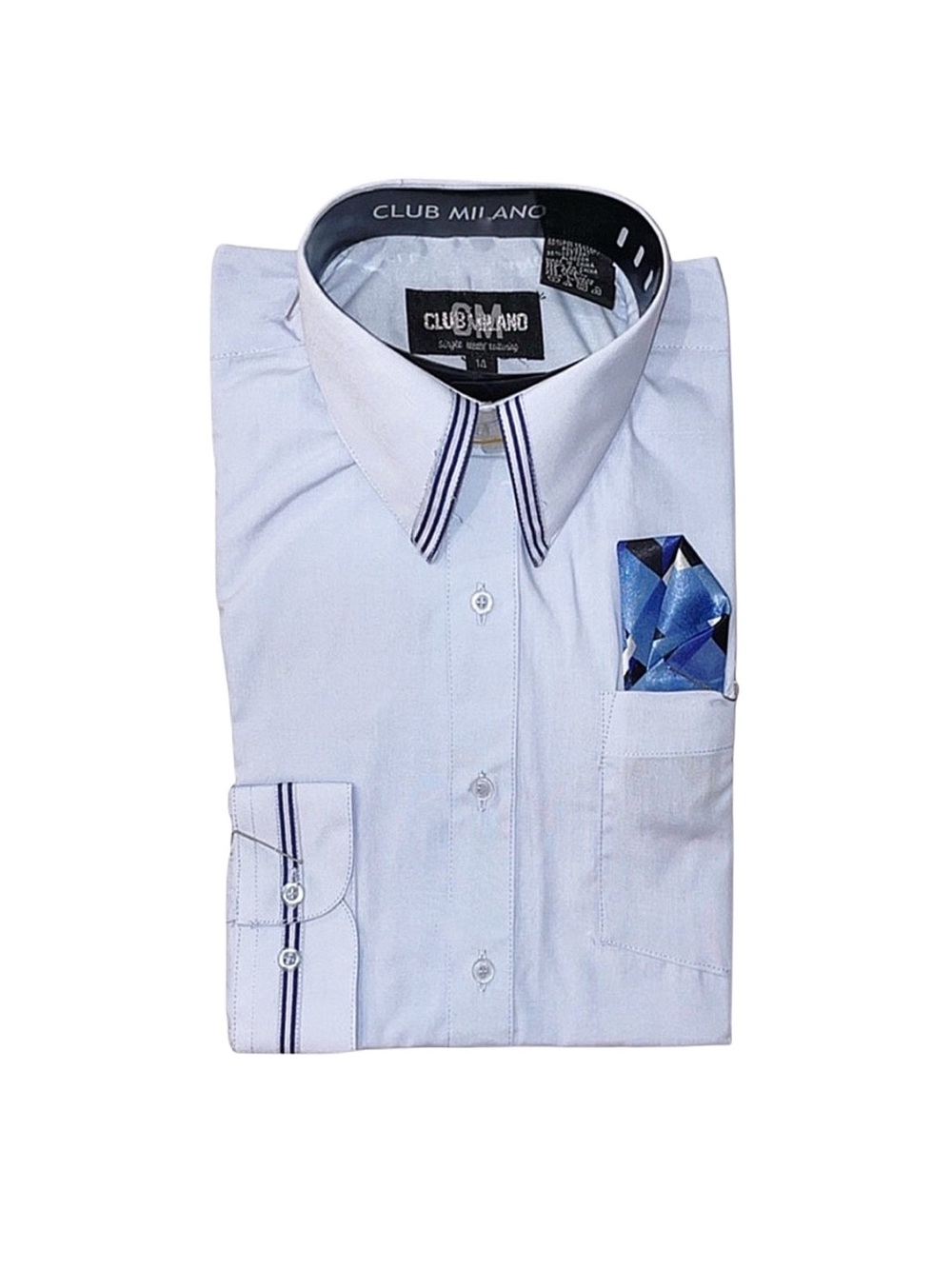 CLUB MILANO Boy's Blue Long Sleeve Button Down Dress Shirt Size 14 Tie included